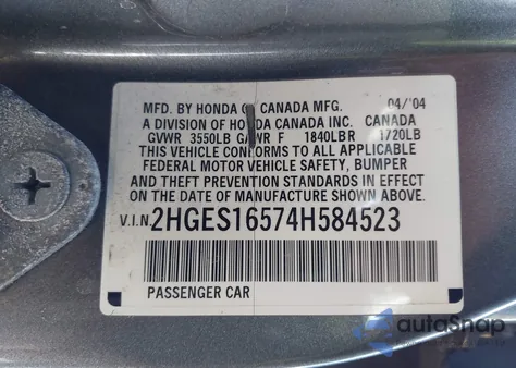 2004 Honda Civic Lx from USA, damaged, VIN 2HGES16574H584523